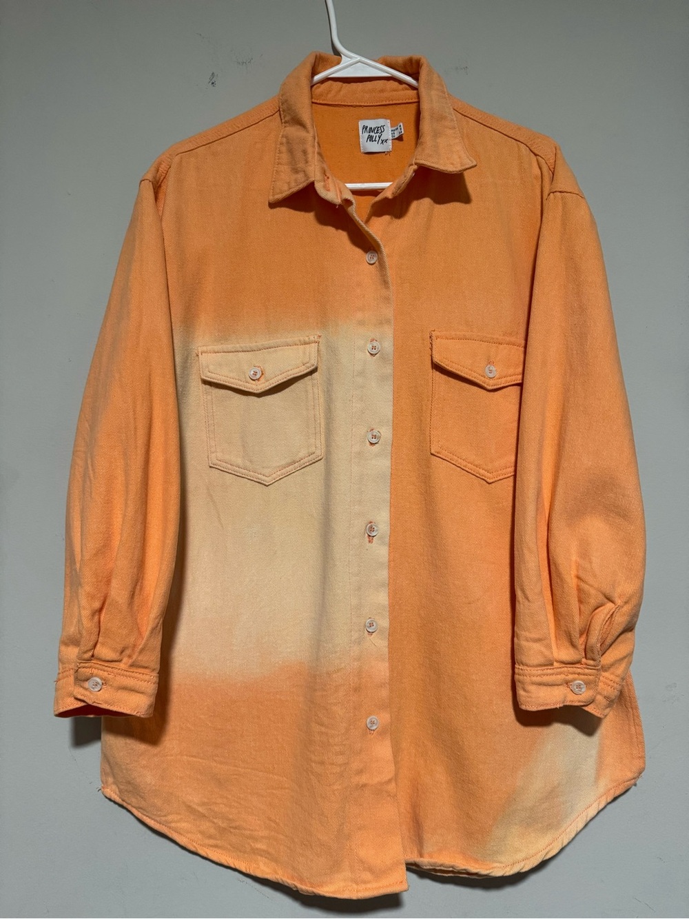 Princess Polly Denim Orange Dip-Dye Button-Down Shirt Fit overalls